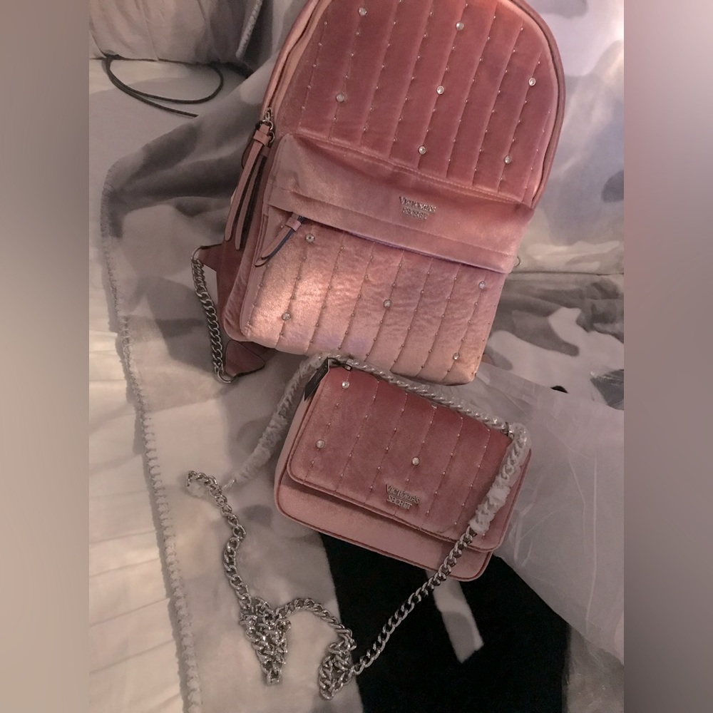SOLD- Victoria’s Secret Mauve Pink Velvet Backpack & Purse Bag Matching Set!!